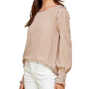 The Nines Gingham Blouse Size Small Ruffle Long Sleeve Smocked Cuffs Tan Neutral